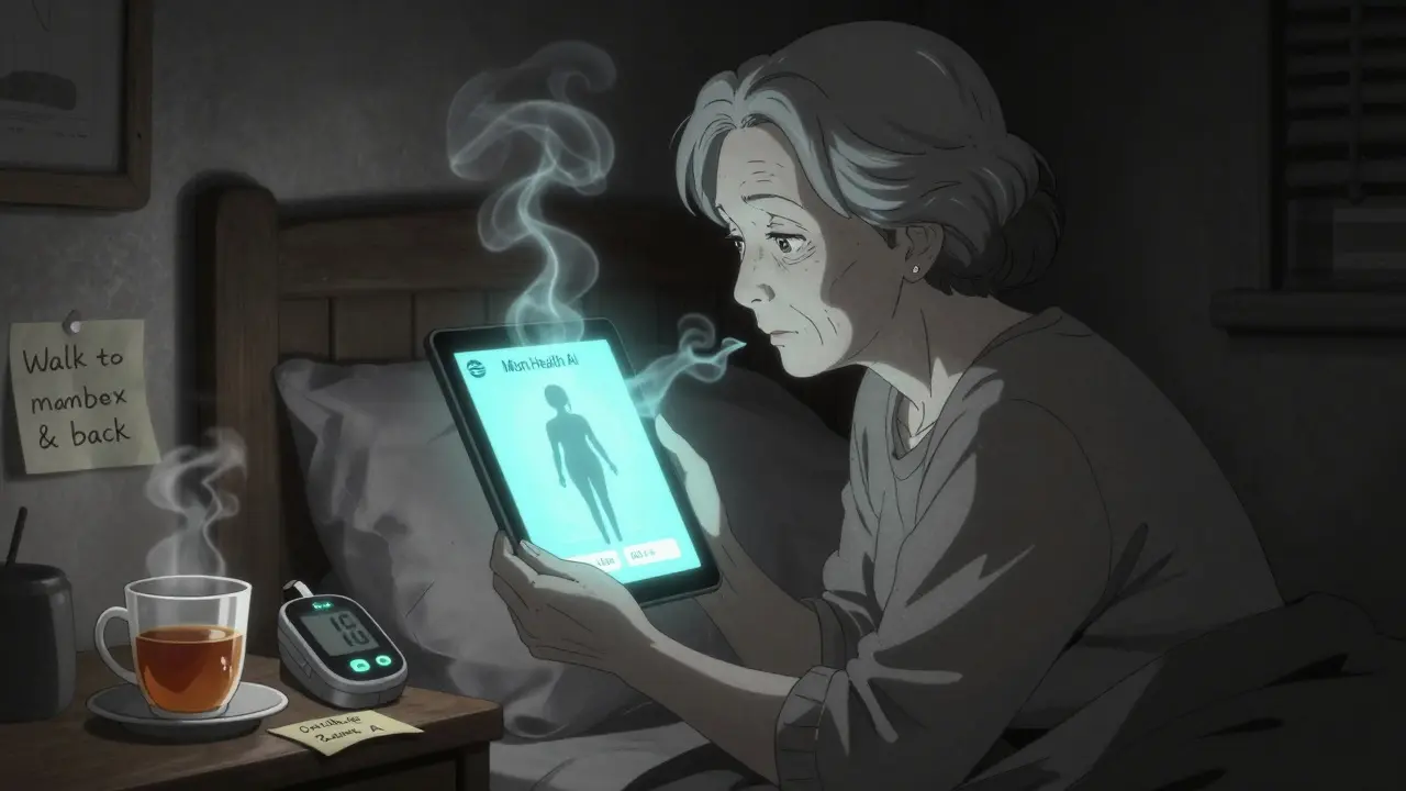 Elderly woman at night with a glowing AI companion offering comfort beside her medical devices.