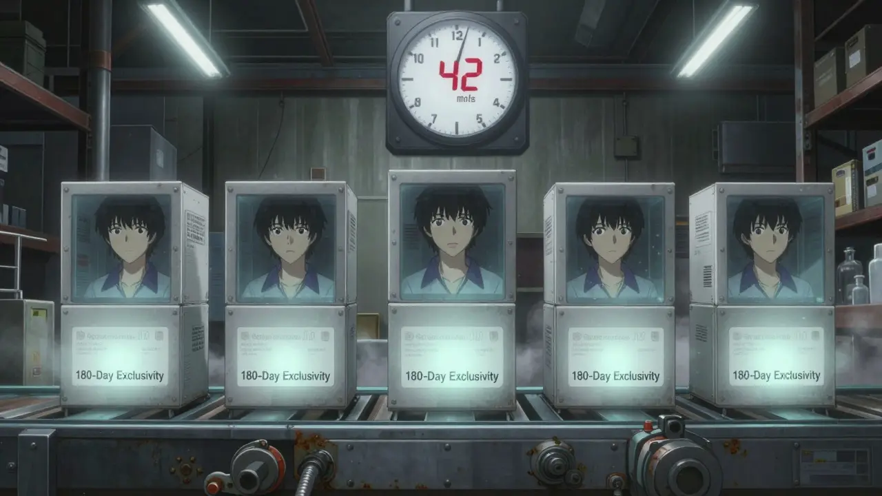 Five generic drug boxes, only two moving forward as a clock ticks over 42 months.