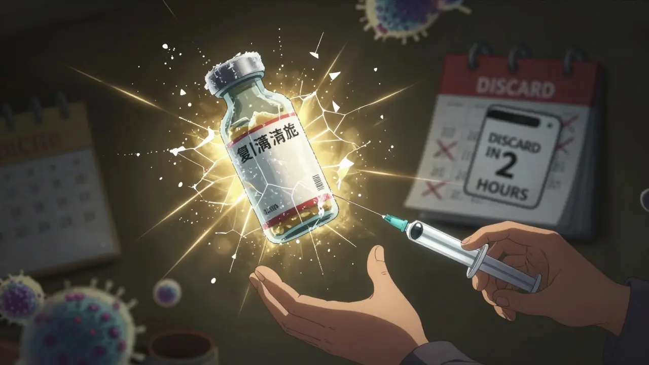 Frozen antibiotic bottle glowing with escaping light, child reaching toward it as time ticks away.