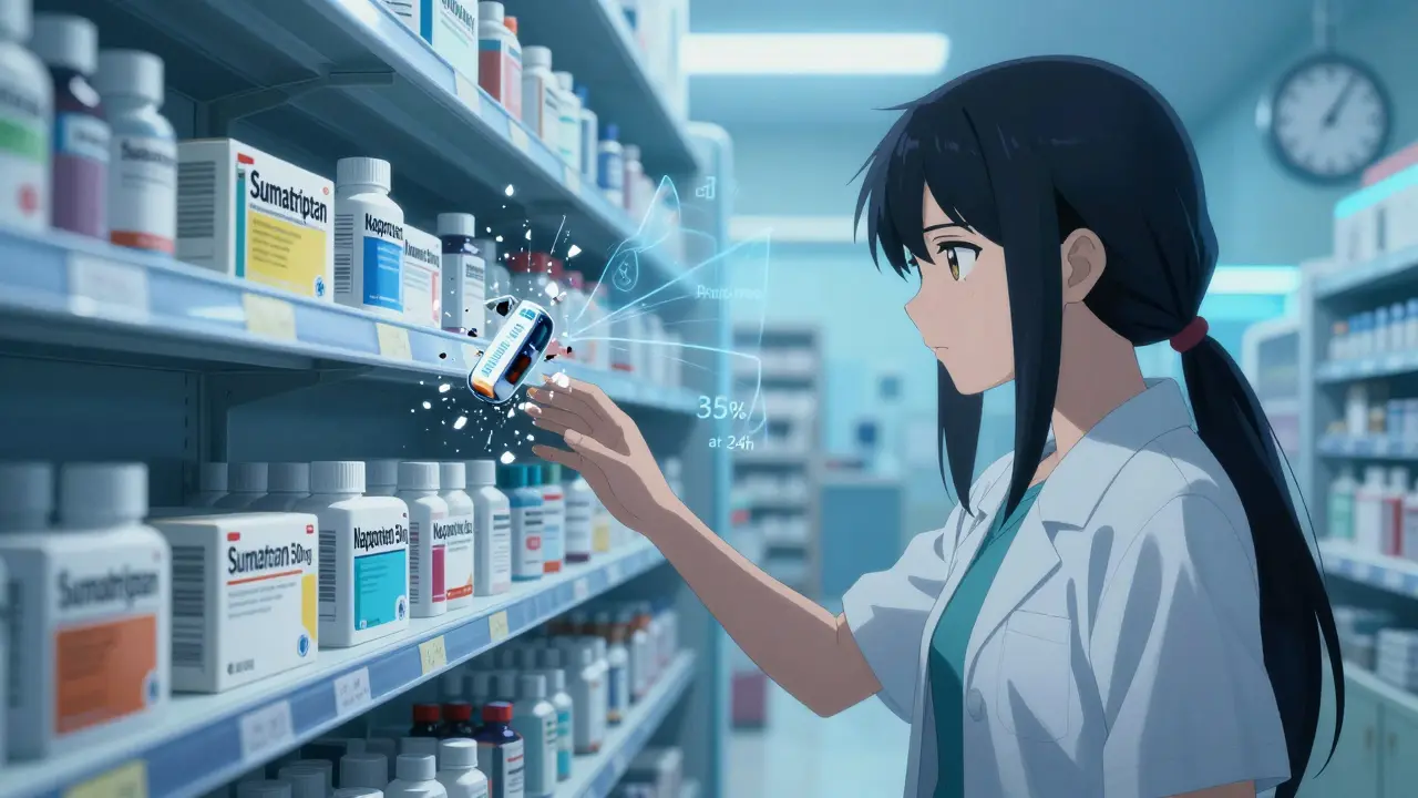 Generic migraine pills on a pharmacy shelf beside a crumbling branded tablet, medical data floating nearby.