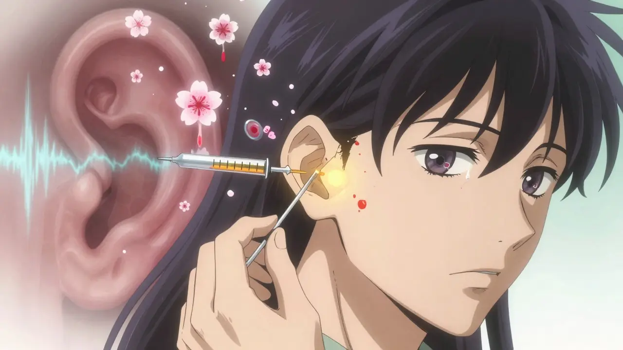 Medical injection scene with glowing antibodies like cherry blossoms dissolving inflammation in an ear.