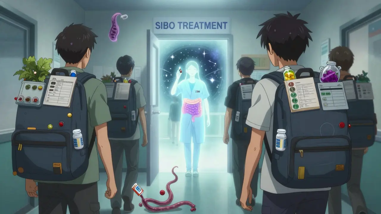 Patients walk down a hallway toward treatment, one dropping a pill that turns into a bacterial tentacle, light from a capsule illuminating the path.