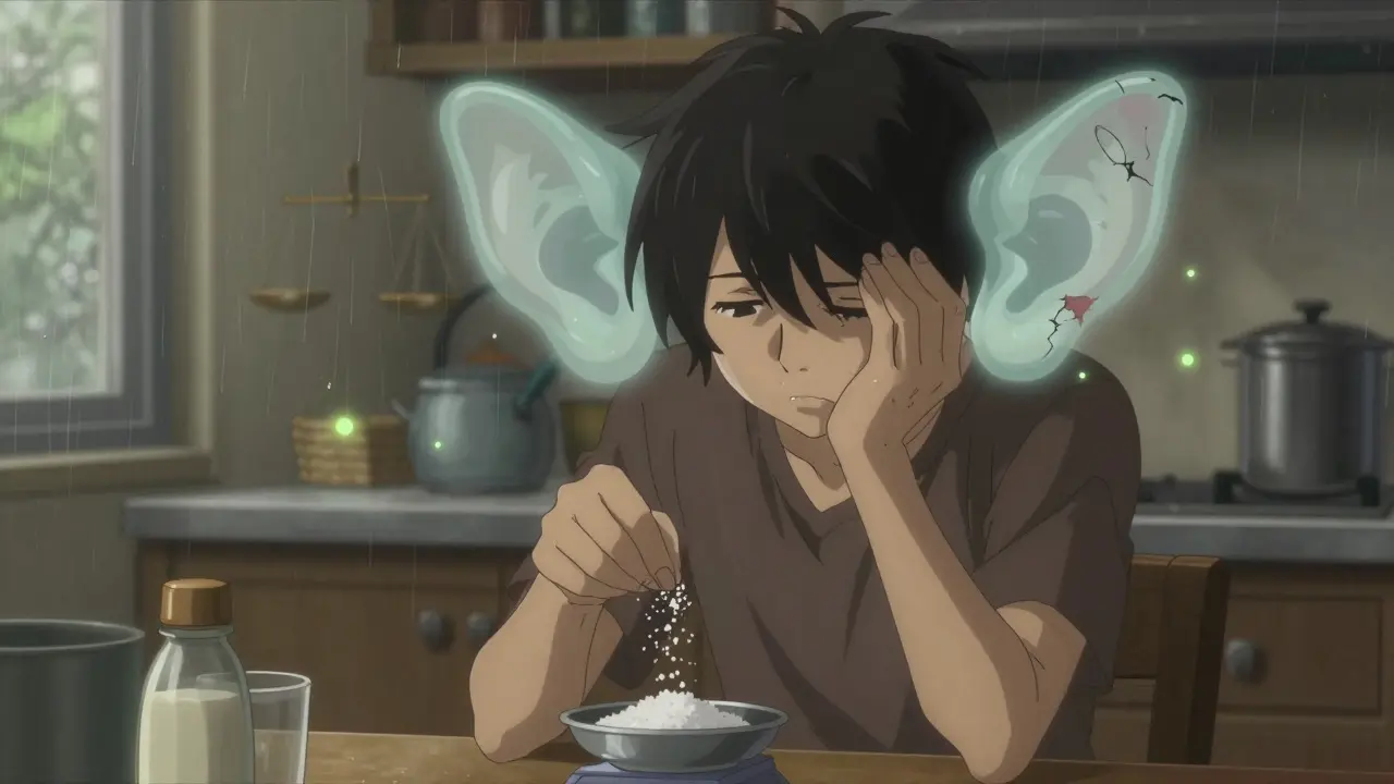 Person measuring salt at a table with ghostly, damaged ears floating above them in a rainy room.