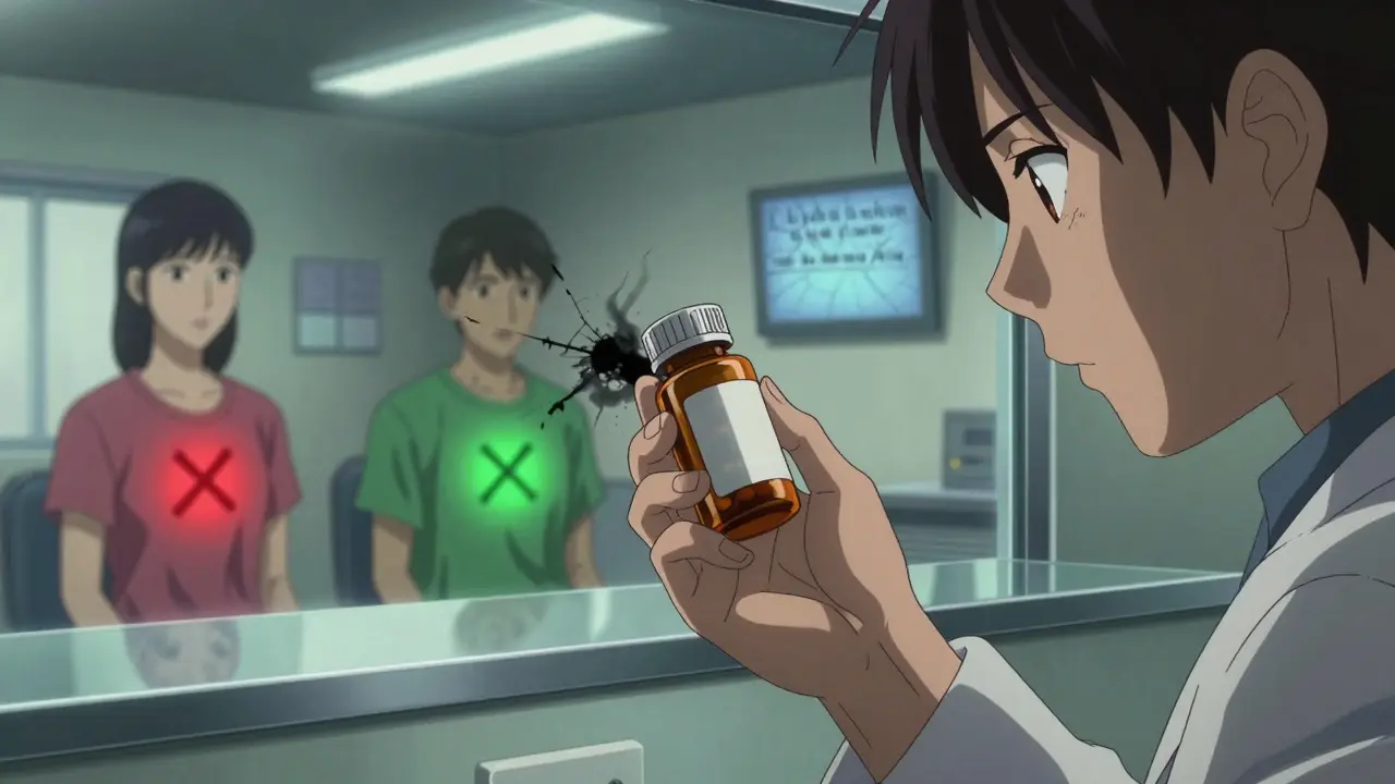 Pharmacist holding pill bottle as two patients with same name appear in reflection, one with red allergy symbol.