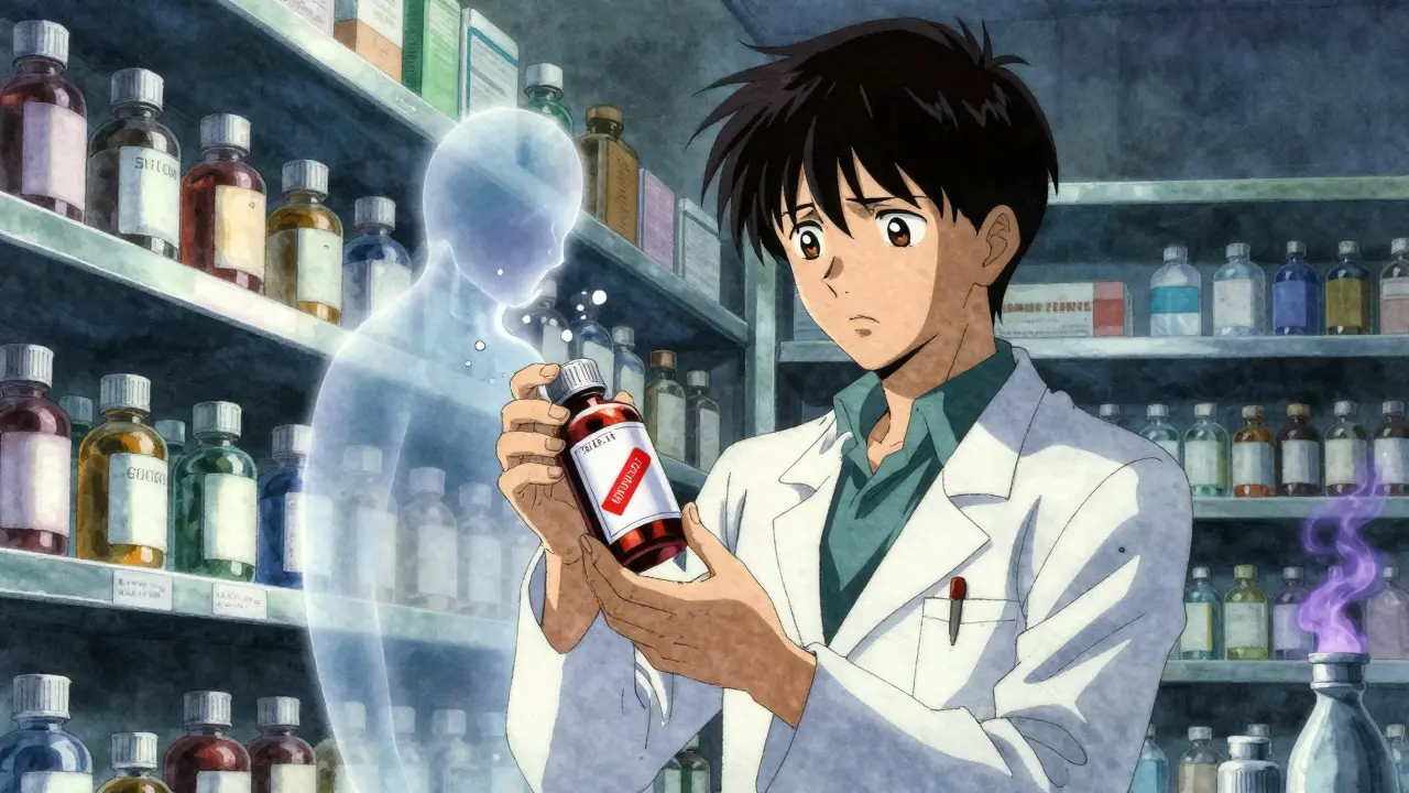 Pharmacist labeling a bottle with a discard date, clavulanate molecules crumbling nearby.