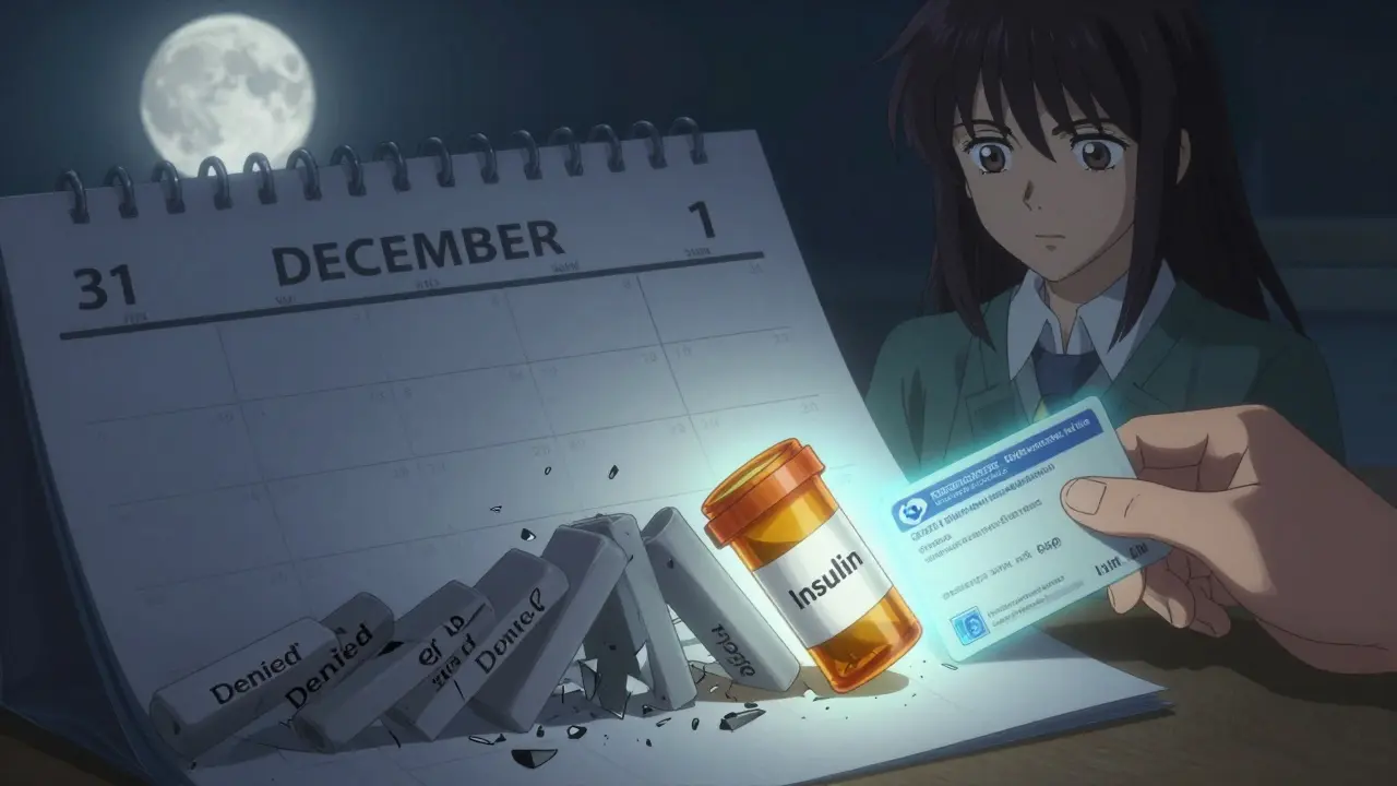 Prescription bottles falling from a calendar as insulin glows safely in hand, symbolizing 2025 protections.
