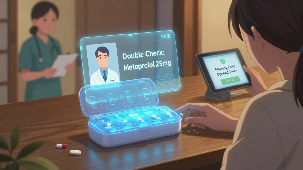 Smart pill organizer with holographic alert, caregiver watching, tech as a safety guardian.