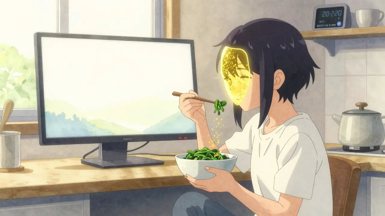 Someone eating spinach as golden particles form a protective shield around their eyes, warm monitor glow behind.