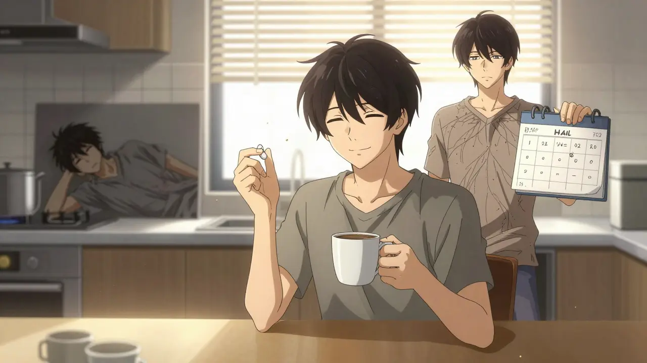 Someone smiling at a kitchen table with generic pills and coffee, past and future selves shown in split vision.