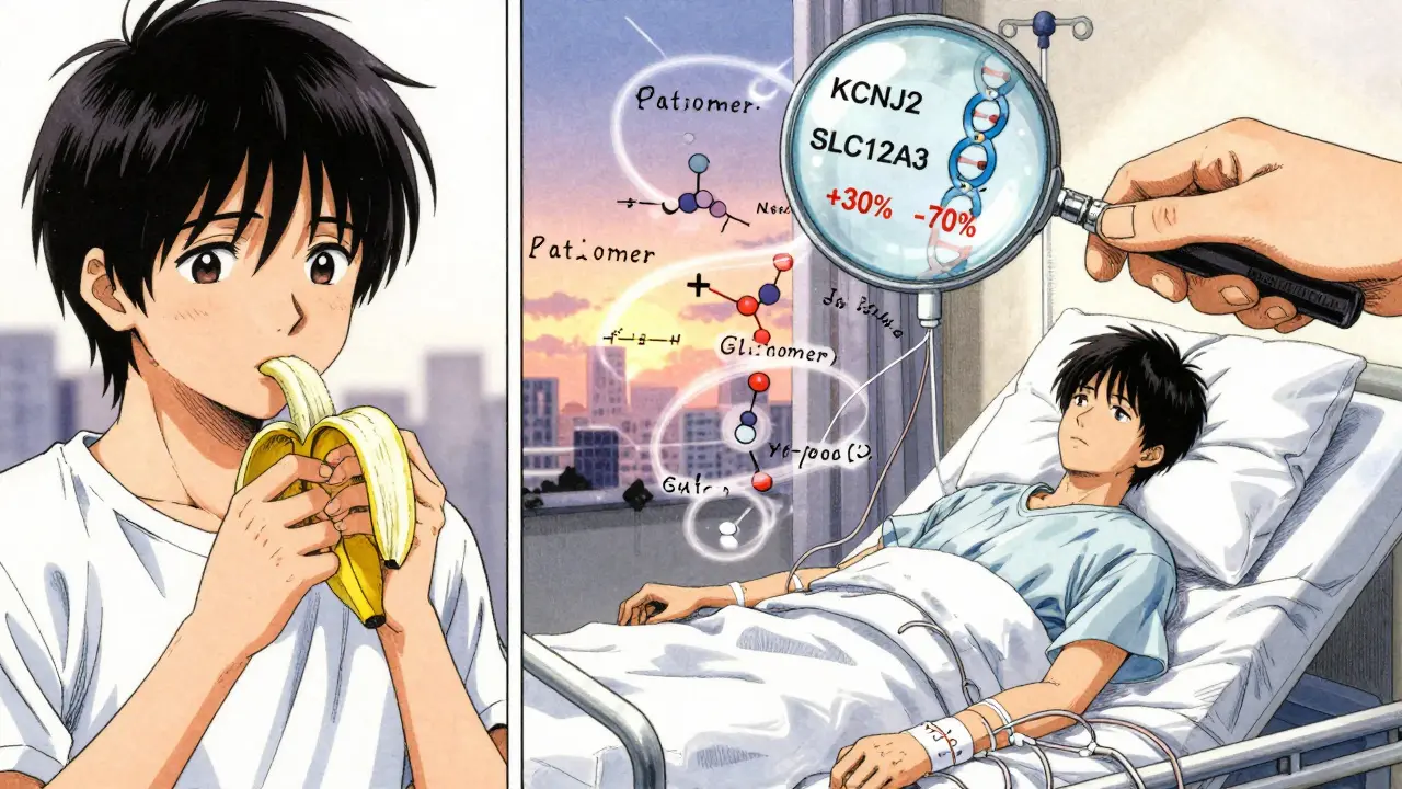 Split scene: person eating banana vs. hospitalized with molecular treatments and gene markers.