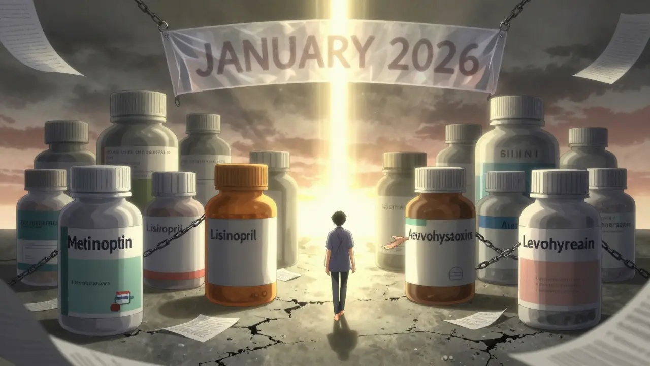 Twelve generic drug bottles breaking free from paperwork chains as light breaks through.