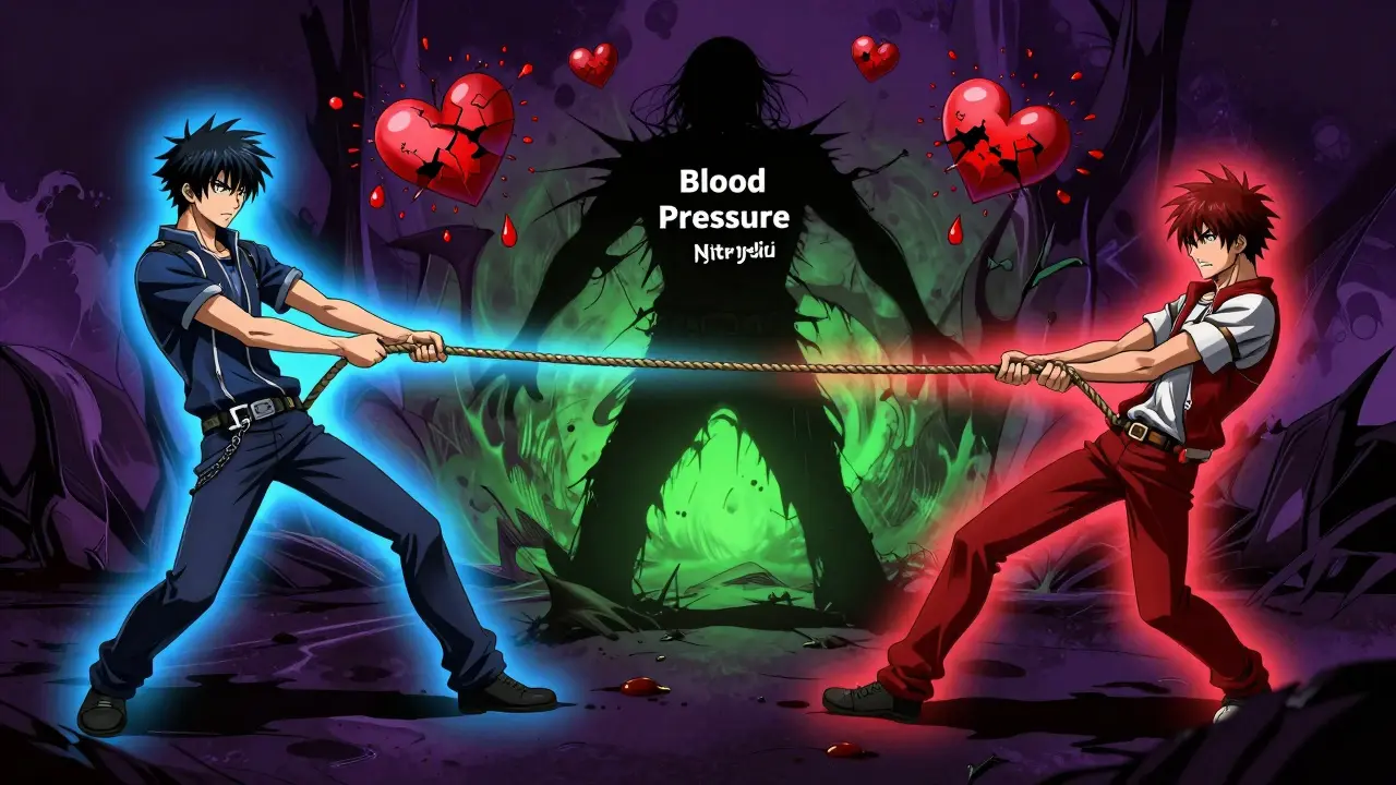 Two drugs pulling a rope that collapses blood pressure, with shattered heart icons and splattering blood in surreal anime style.