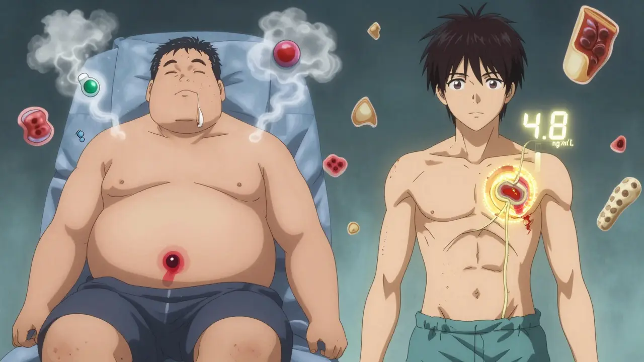 Two patients side by side—one with a failing wound, one healing well—surrounded by floating health risk symbols.