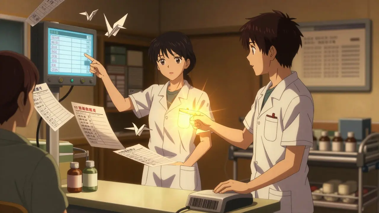 Two pharmacy staff in silent timeout, golden light connecting them as floating medical records swirl around.