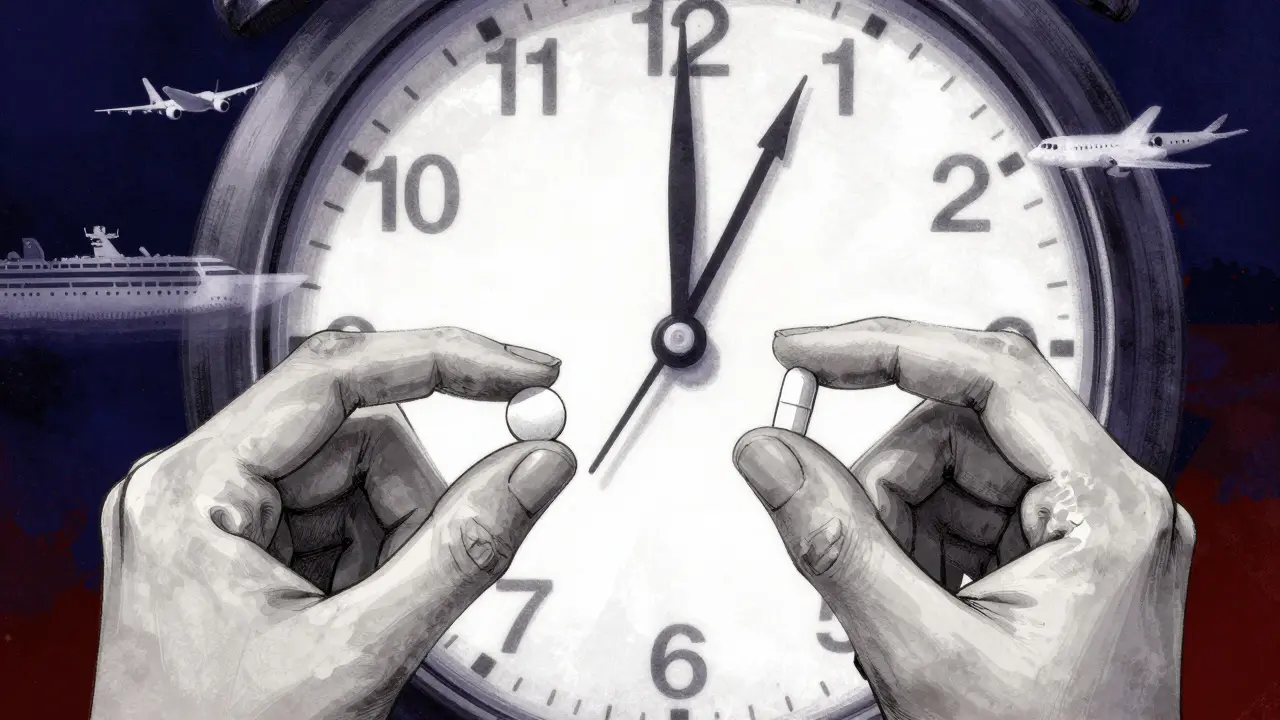 Two travel pills held in hands against a melting clock and fading travel symbols.