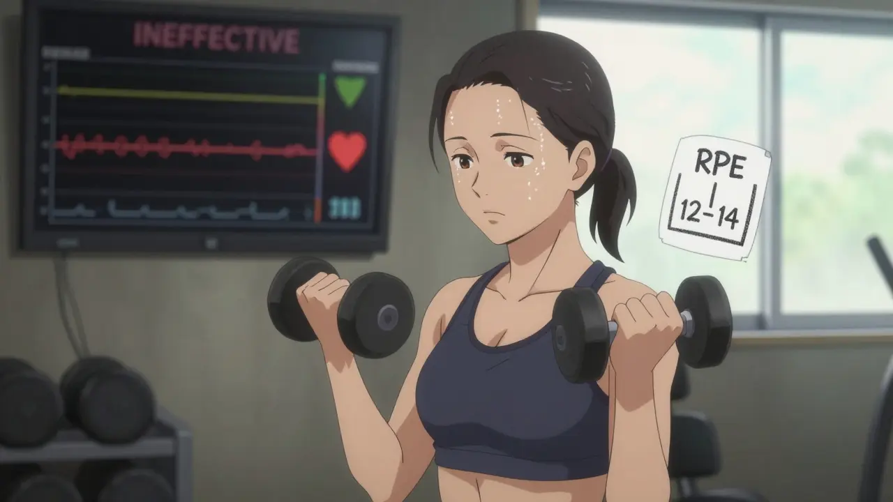 Woman lifting light weights in a gym, Borg RPE scale floating beside her, calm and focused expression.