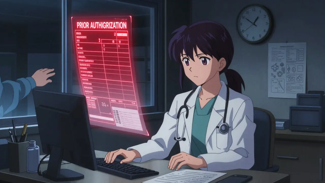 A doctor works late at night surrounded by medical charts and a glowing pending prior authorization form.