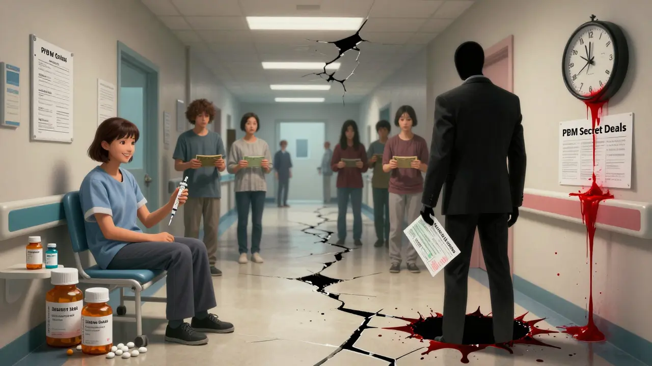 A hospital hallway splits into affordable treatment vs. secret rebate deals delaying generic access.