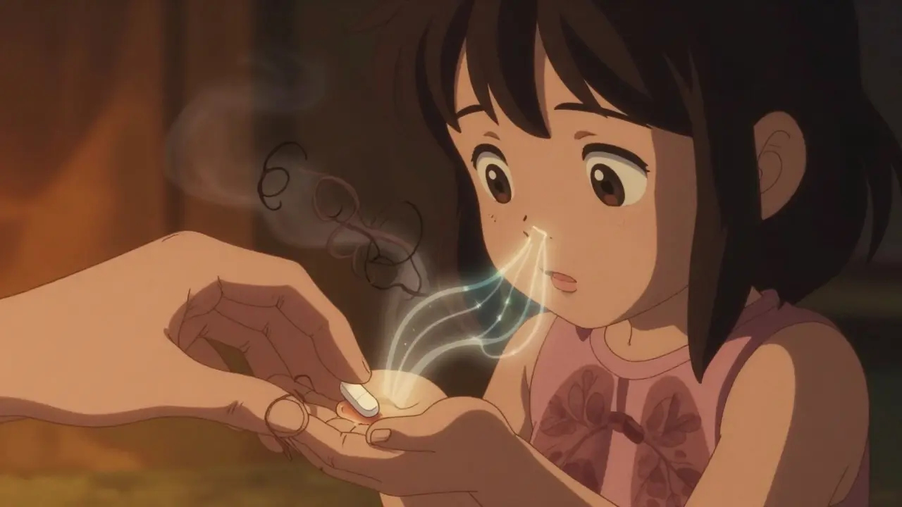 A parent gives a child a chewable tablet as glowing pathways soothe their airways, dissolving dark allergic reactions.