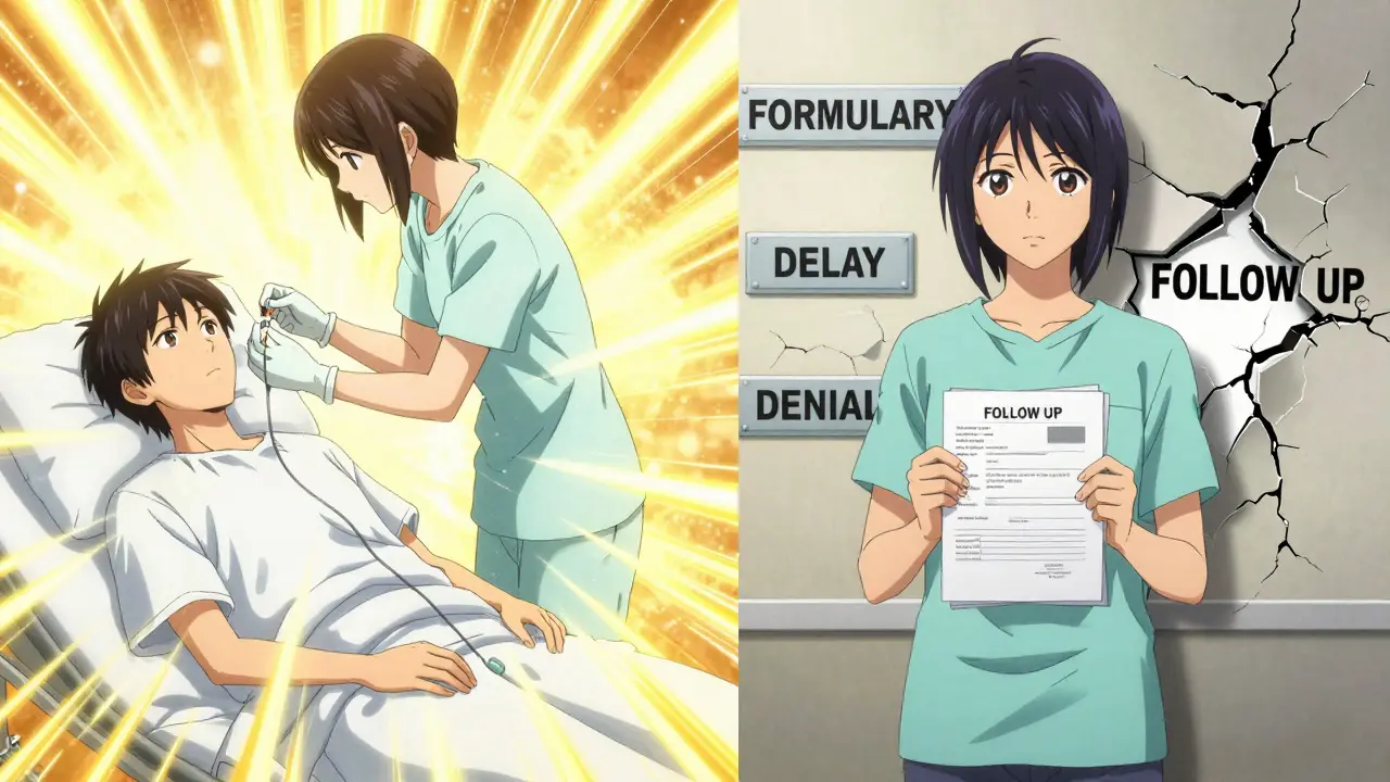 A patient receives emergency medication on one side, and holds approval letters while breaking through bureaucratic barriers on the other.