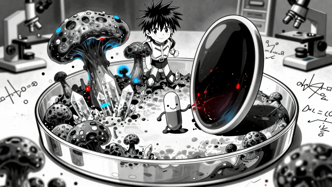 A petri dish battlefield where fluconazole and omeprazole team up to defeat resistant fungi in a surreal lab setting.