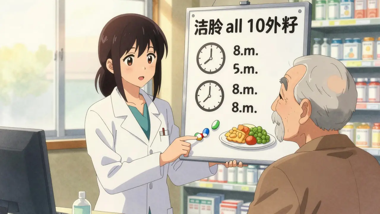 A pharmacist shows an elderly patient a clear label with icons and simple instructions in warm light.