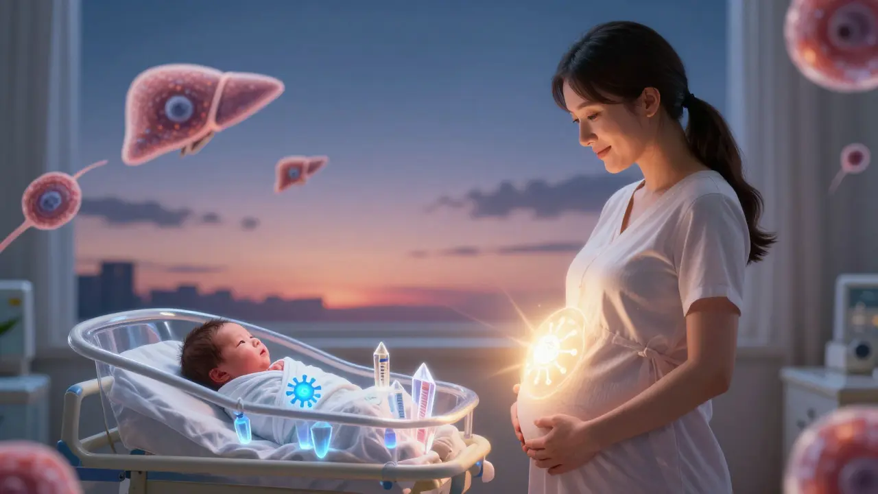 A pregnant woman and newborn protected by light from hepatitis B, with vaccine symbols glowing.