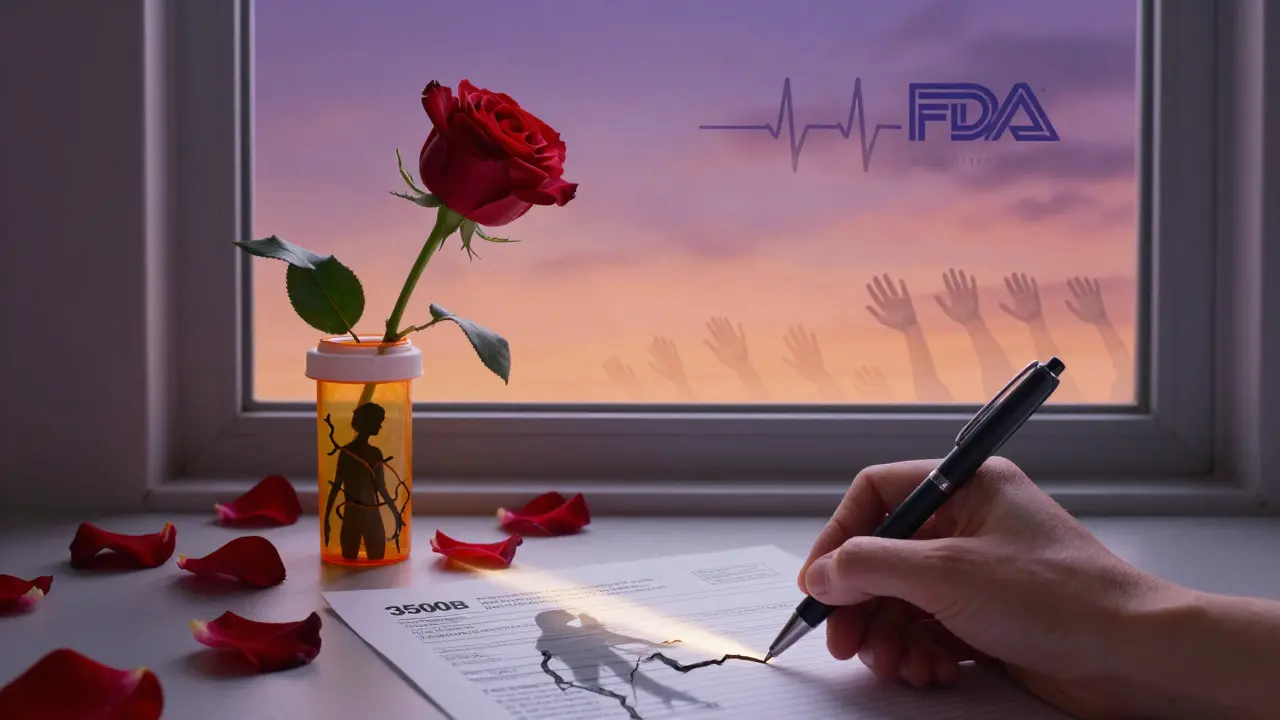 A red rose growing from a broken pill bottle, petals turning into hands reaching toward FDA logos in the sky.