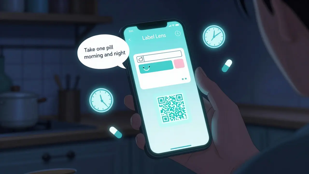 A smartphone app overlays simple visual instructions onto a prescription label in a dim kitchen.