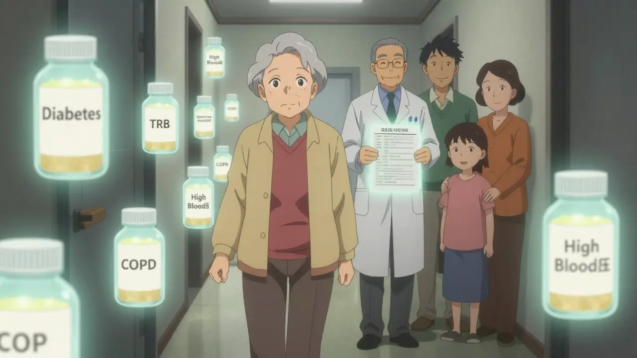An elderly person walks through a hallway of glowing pill bottles representing chronic conditions, guided by a pharmacist and family member.