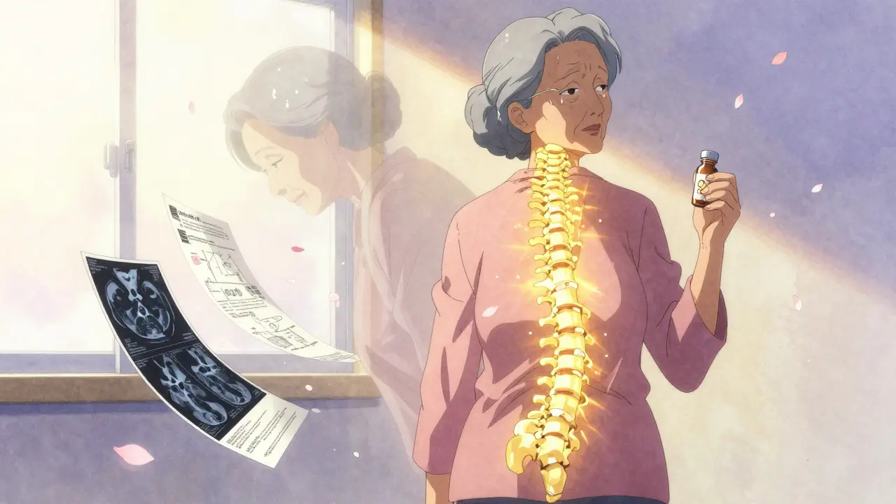 An elderly woman standing tall after spinal procedure, golden light radiating from her spine as her former hunched form fades behind her.