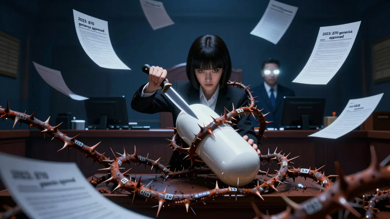 An FDA inspector cuts through a thicket of patents with a scalpel, symbolizing generic drug approval.
