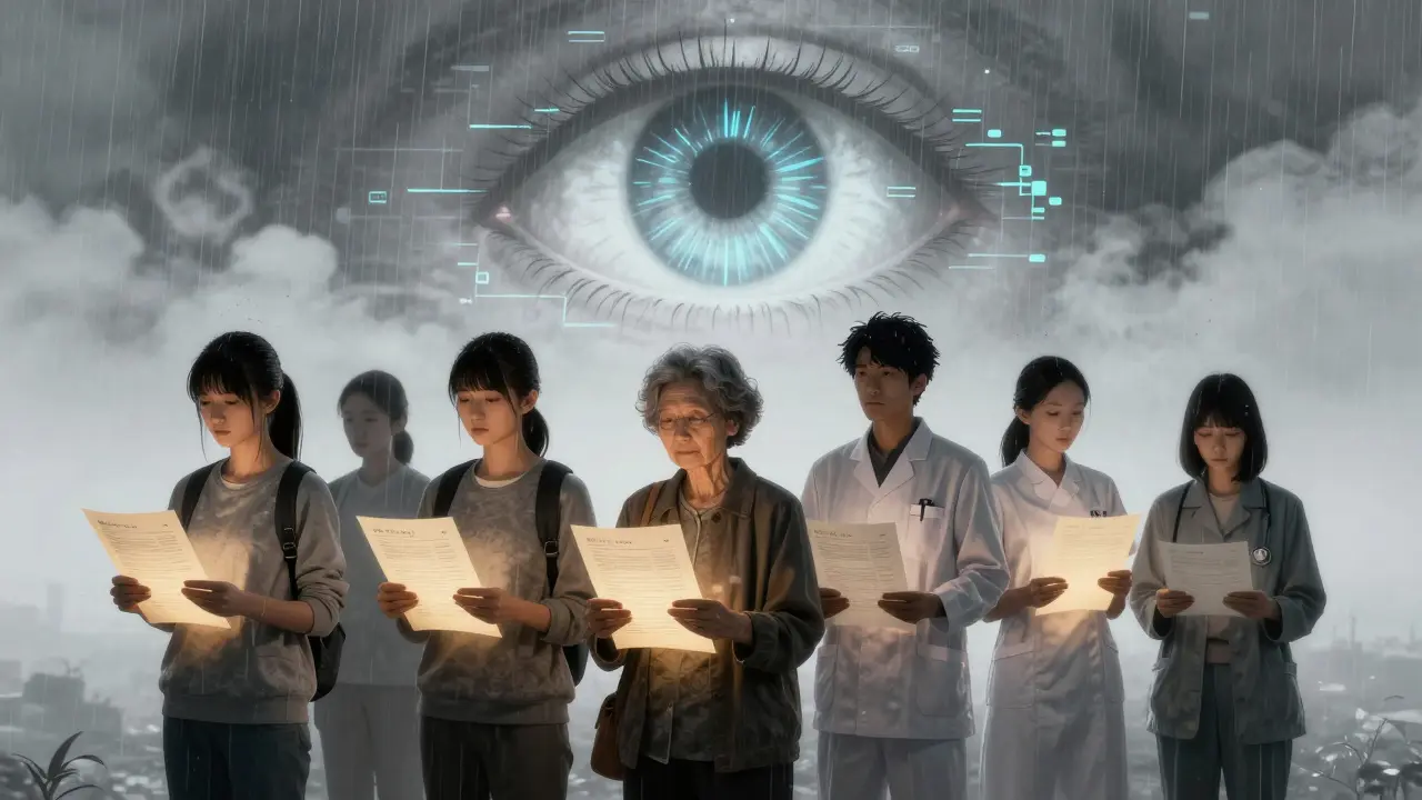 Diverse individuals holding glowing report forms, standing in line as a massive digital eye watches from above.