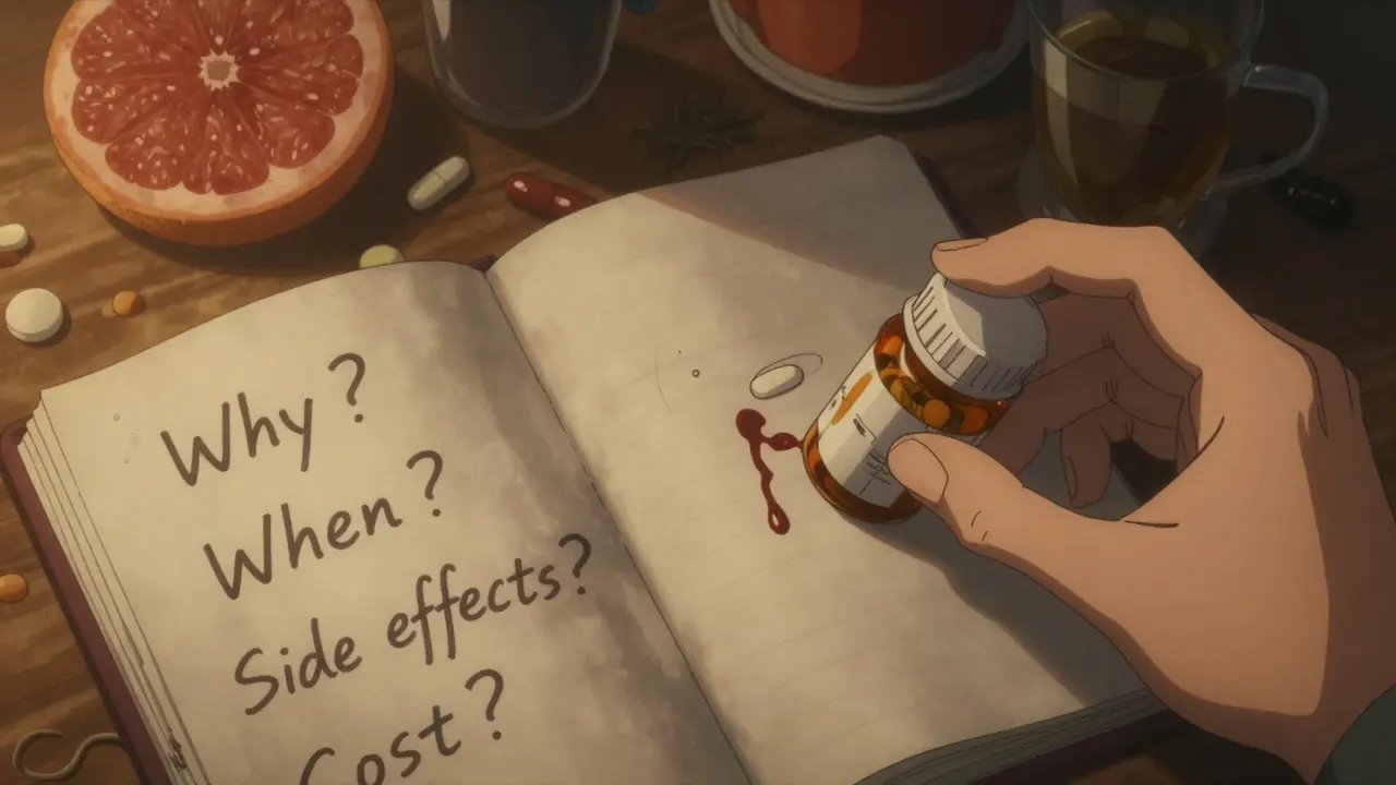 Hand holding pill bottle beside notebook filled with urgent handwritten questions.