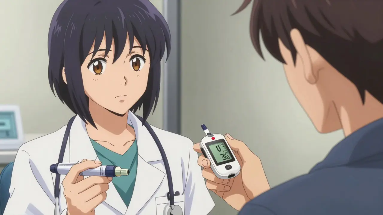 Healthcare provider adjusting insulin dose with CGM device during steroid therapy.