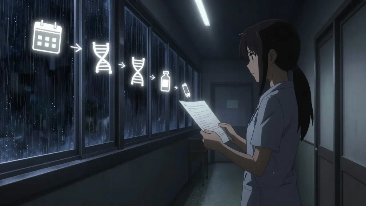 Person standing in clinic hallway with glowing path of medical icons leading forward.