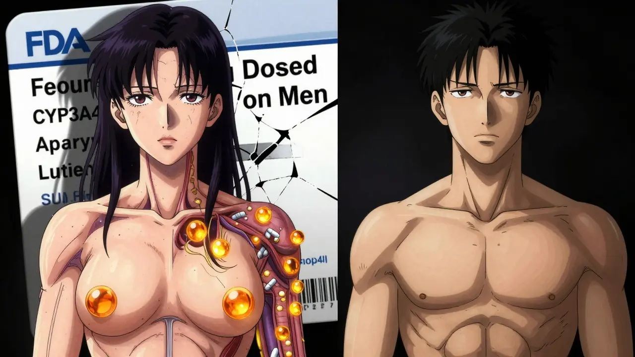 Split-body illustration showing how drug metabolism differs between women and men, with fat cells and enzymes visualized as glowing particles.