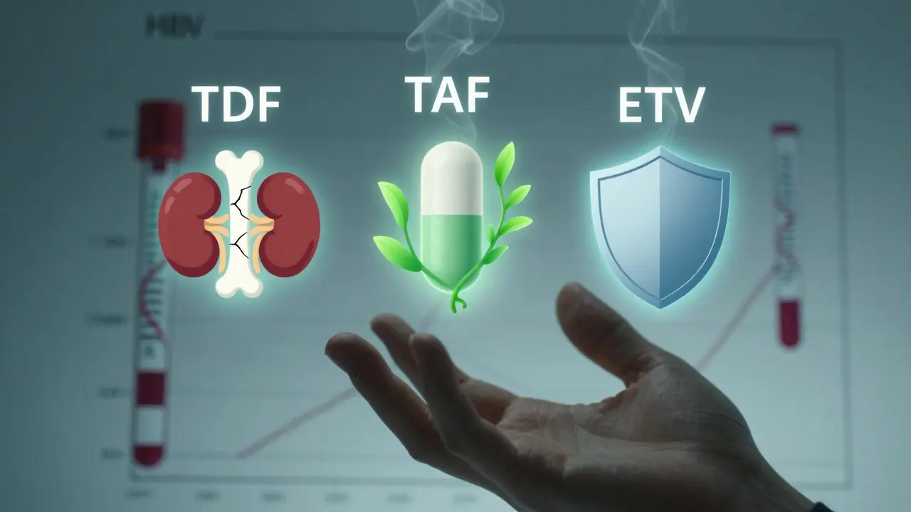 Three antiviral pills float with distinct auras representing their effects on the body.