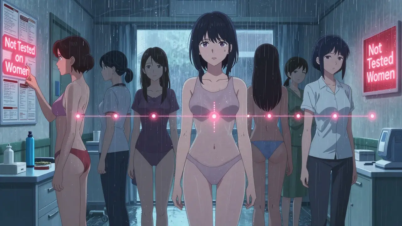 Women with menstrual cycle overlays showing fluctuating drug metabolism, beside labels that read 'Not Tested on Women'.