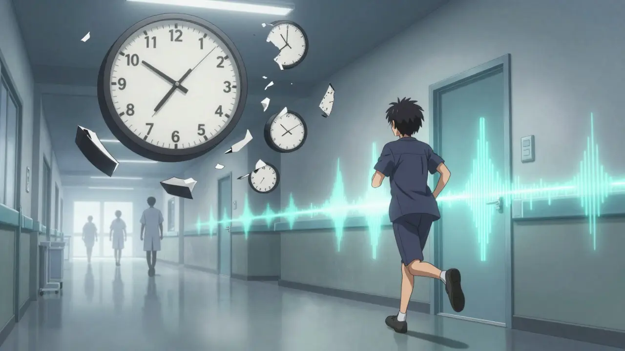 A clock with broken hands floats above a hospital hallway as a patient runs toward a glowing audiogram.