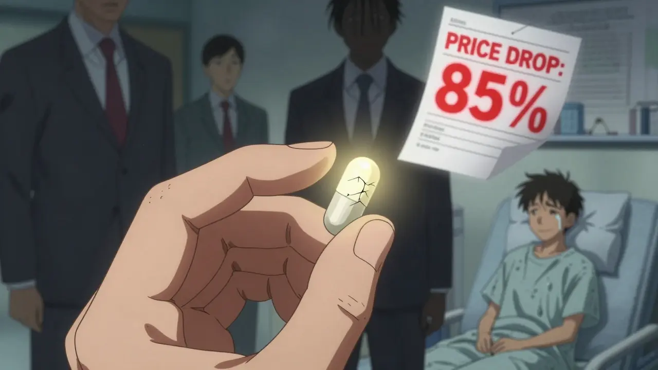 A hand holding a cracked brand-name pill beside a glowing generic capsule, with a patient smiling as prices plummet on their medical chart.