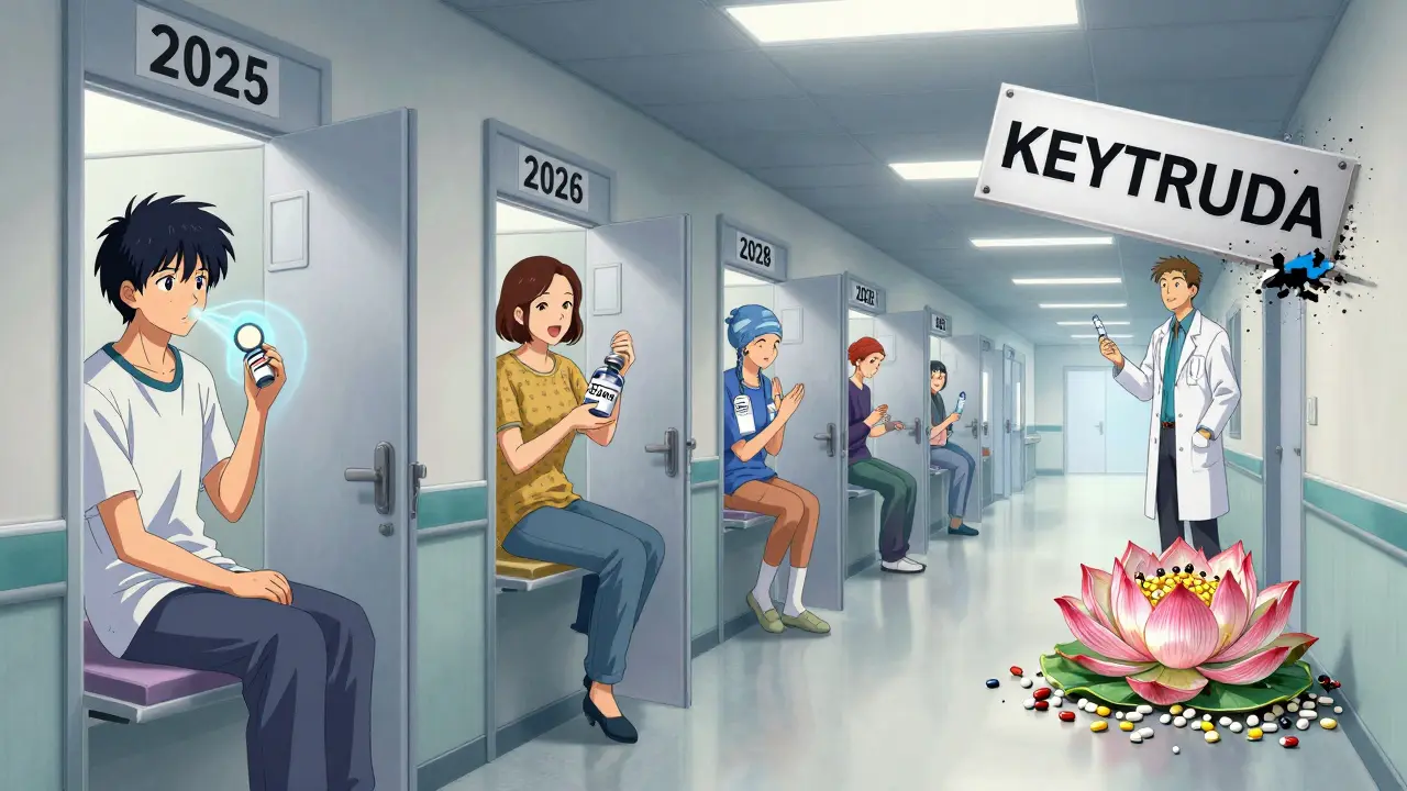 A hospital corridor with floating doors showing patients benefiting from generic drugs, ending as a massive brand name sign crumbles into dust.