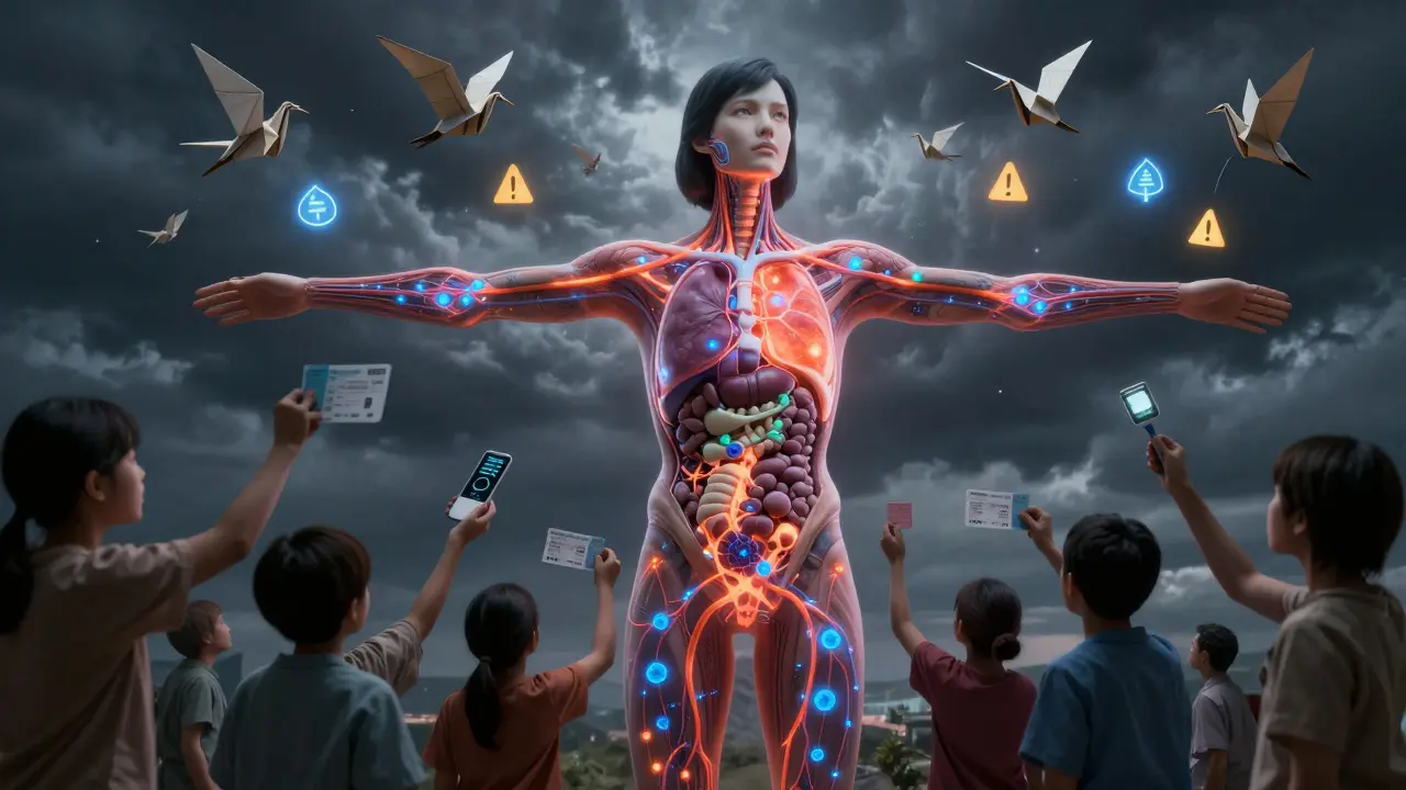 A human body landscape glows with immune activity as AI cranes drop flare alerts, symbolizing monitoring disparities.
