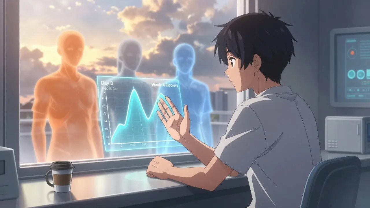 A patient views a holographic sleep graph in a clinic at dawn, with three antidepressant figures glowing beside them.