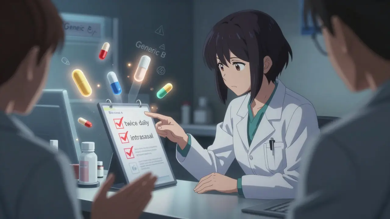 A pharmacist explains medication instructions with glowing corrections as ghostly pill versions hover nearby.