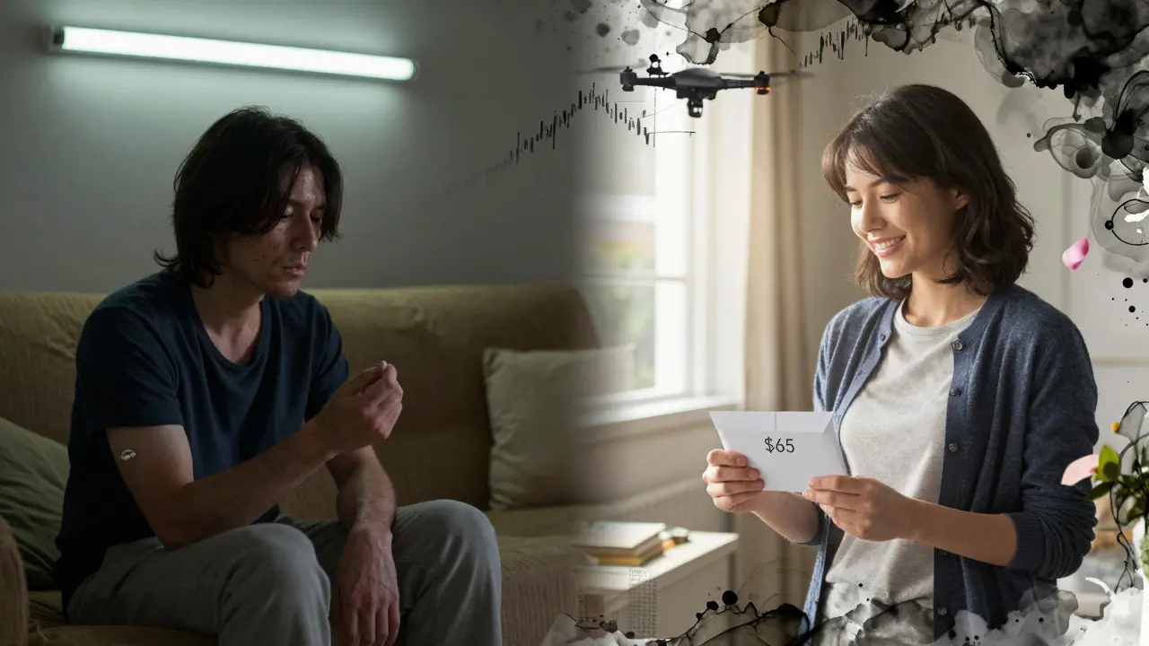 A split scene: one side shows a patient paying ,000 for a brand-name pill in darkness, the other shows the same person receiving a  generic pill in sunlight.