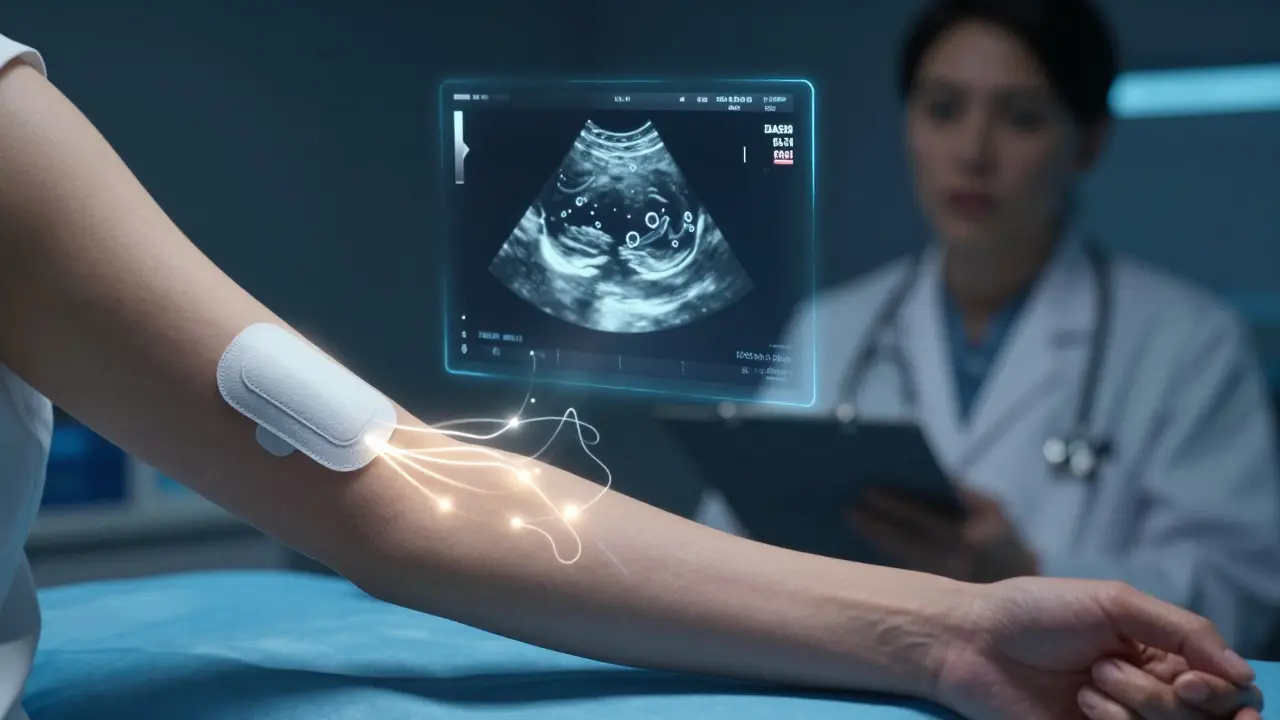 A wearable patch emits light trails while a holographic ultrasound shows joint inflammation.