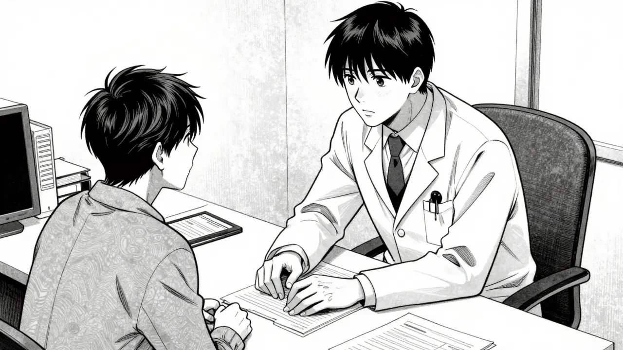 Doctor consulting with patient at desk in medical office setting