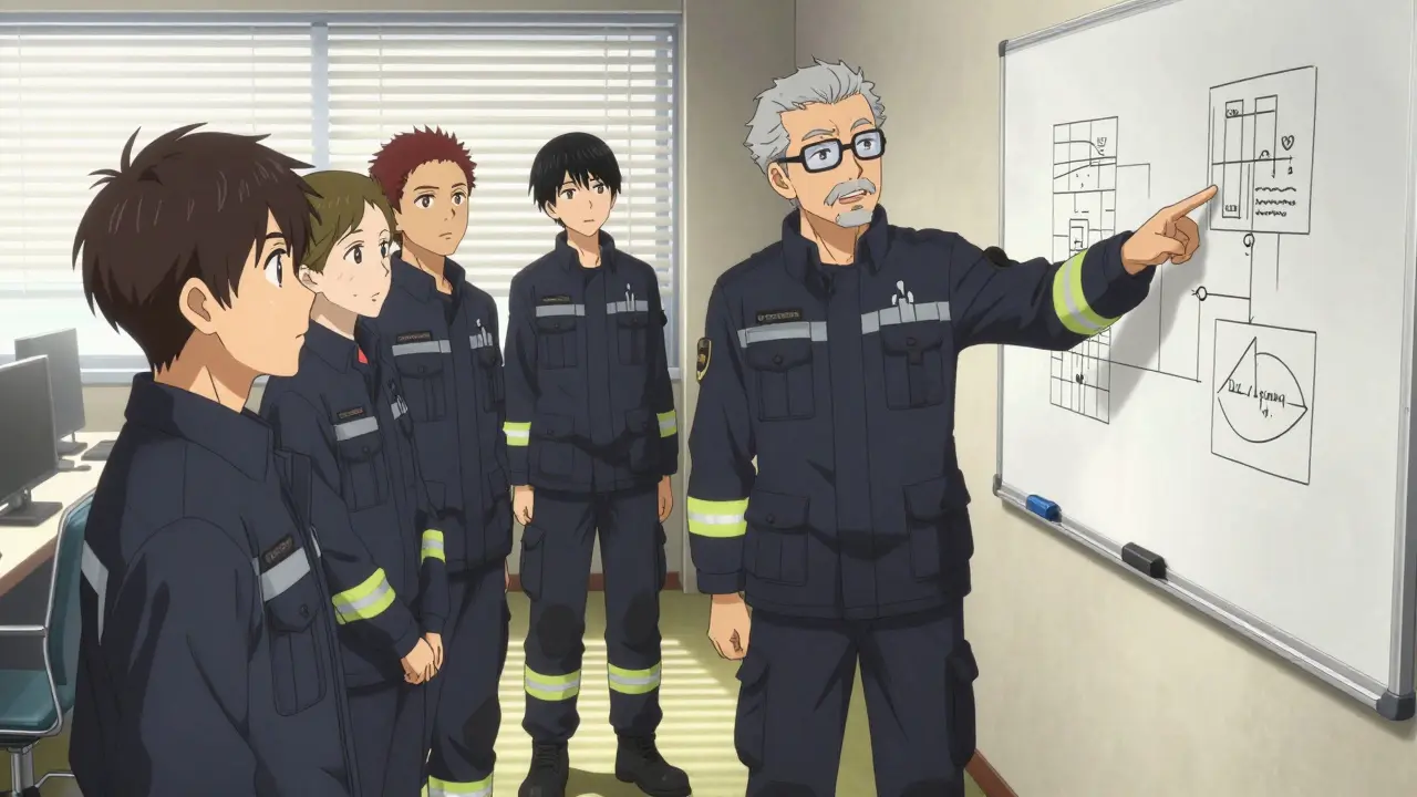 Emergency team discussing fatigue management protocol in breakroom.