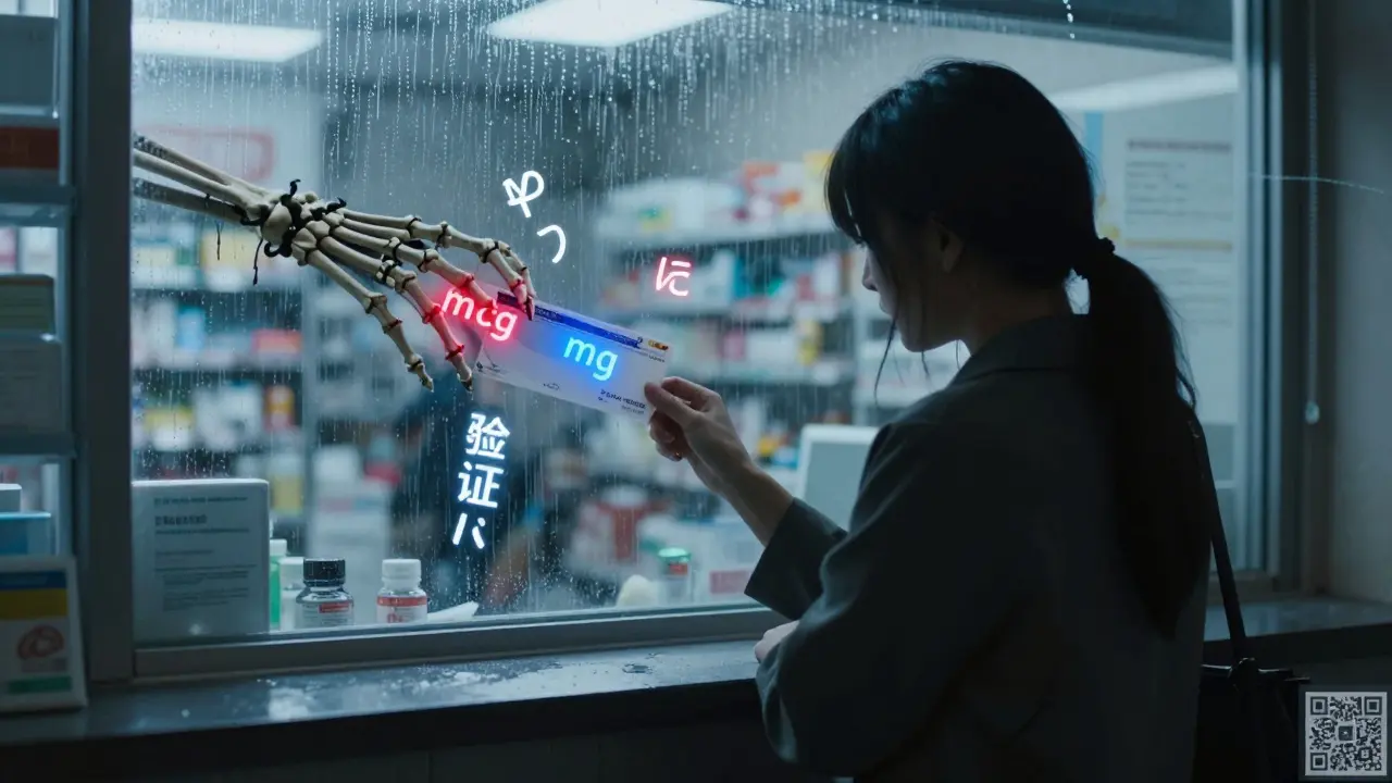 Figure at pharmacy counter with prescription label transforming into a skeletal hand, red and blue text glowing.